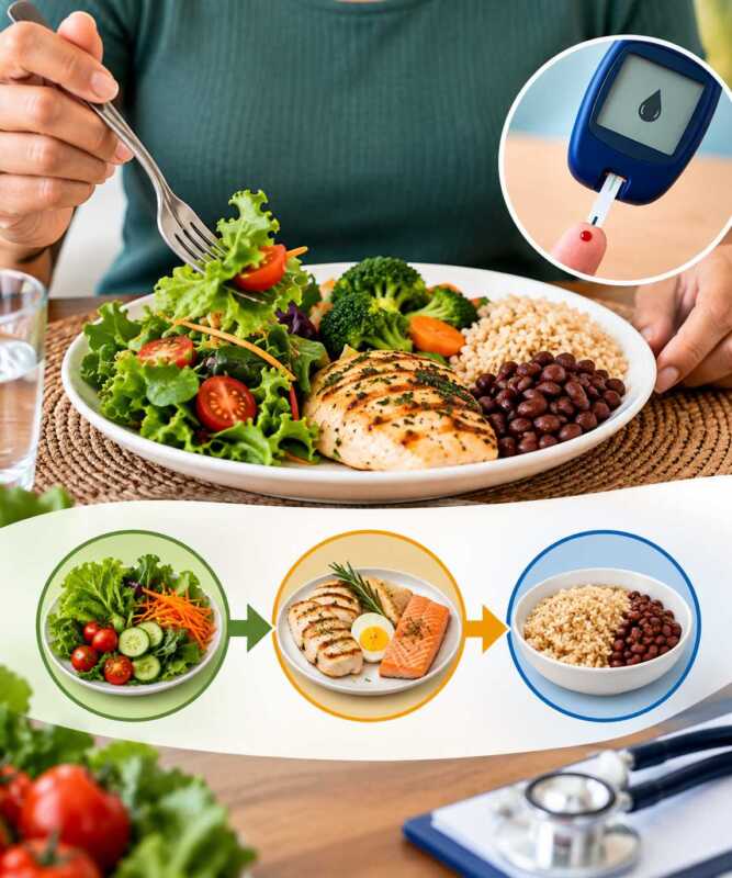 Região: Comer vegetais e proteínas antes dos carboidratos pode ajudar a controlar a glicose em pessoas com diabetes tipo 2, apontam estudos.